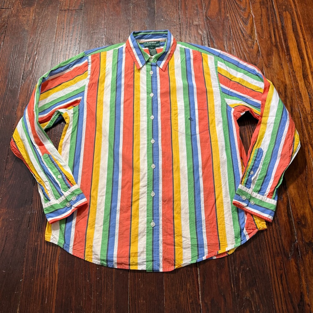 Vintage Lauren Ralph Women Shirt Womens L Multicolor Striped Long Sleeve‎ 90s